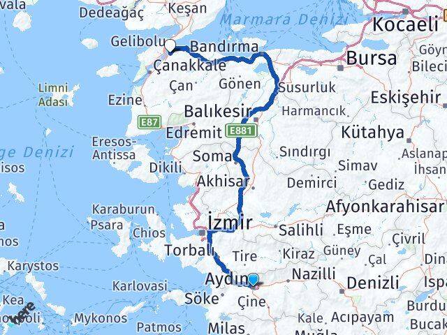 Aydın Lapseki Çanakkale Arası Kaç Km - Yol Haritası