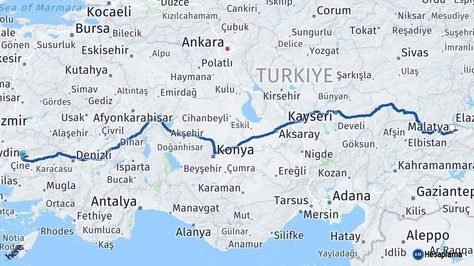 Aydın Malatya Arası Kaç Km - Yol Haritası