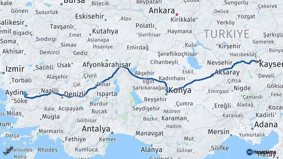 Aydın Melikgazi Arası Kaç Km - Yol Tarifi