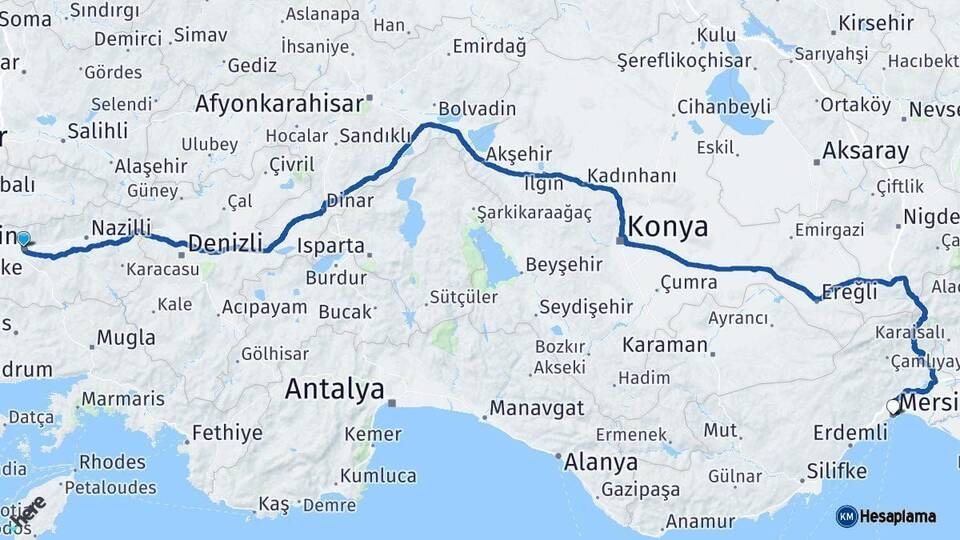 Aydın Mersin Arası Kaç Km - Yol Haritası