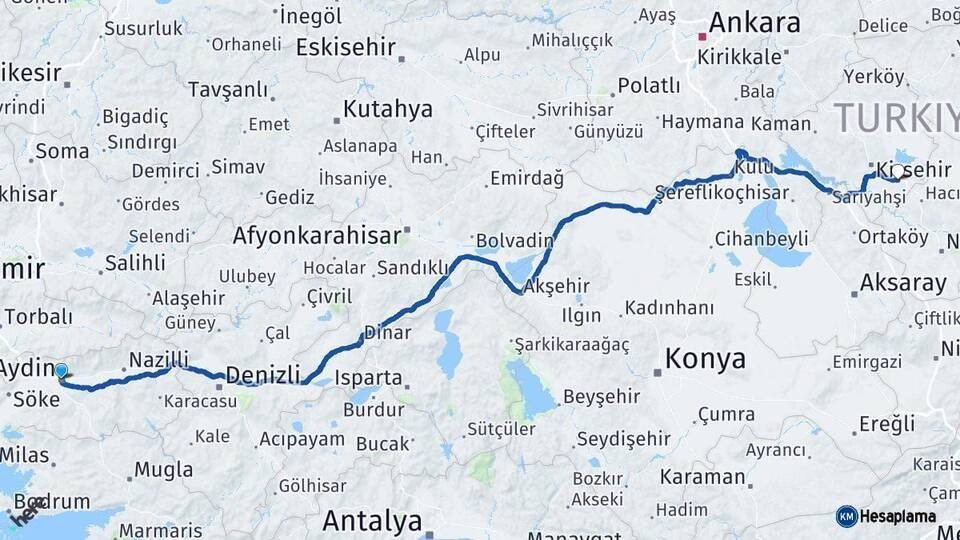 Aydın Mucur Kırşehir Arası Kaç Km - Yol Haritası