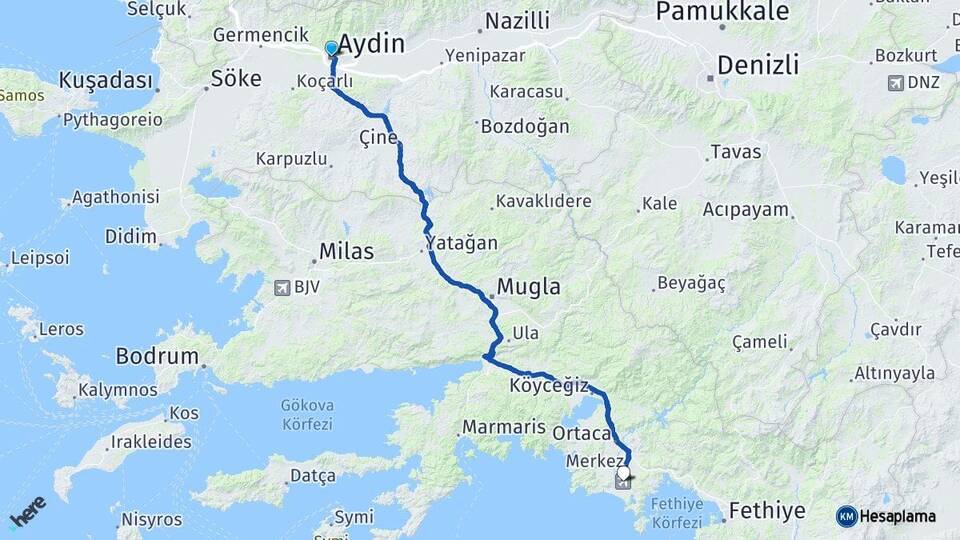 Aydın Muğla Dalaman Havalimanı Arası Kaç Km - Yol Haritası