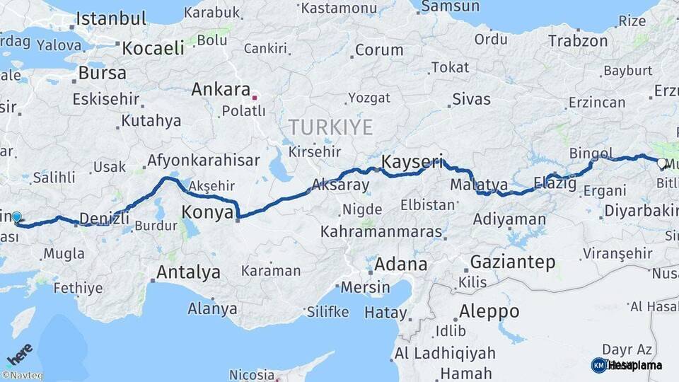 Aydın Muş Arası Kaç Km - Yol Haritası