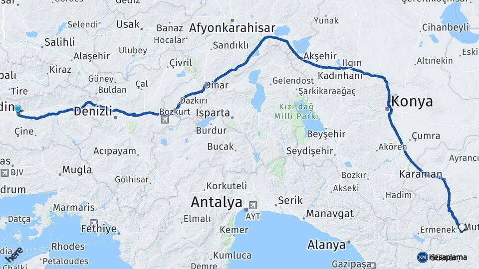 Aydın Mut Mersin Arası Kaç Km - Yol Haritası