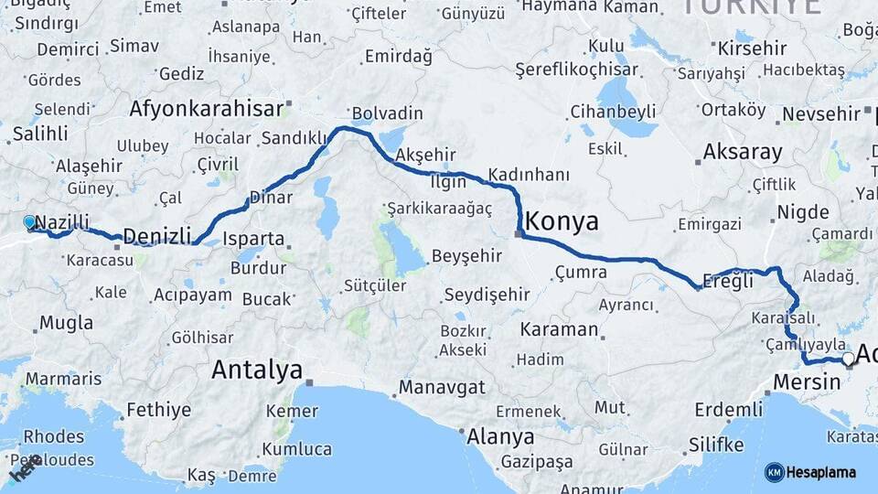 Aydın Nazilli Adana Arası Kaç Km - Yol Haritası