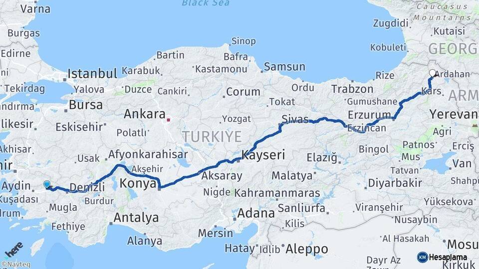 Aydın Nazilli Ardahan Arası Kaç Km - Yol Haritası