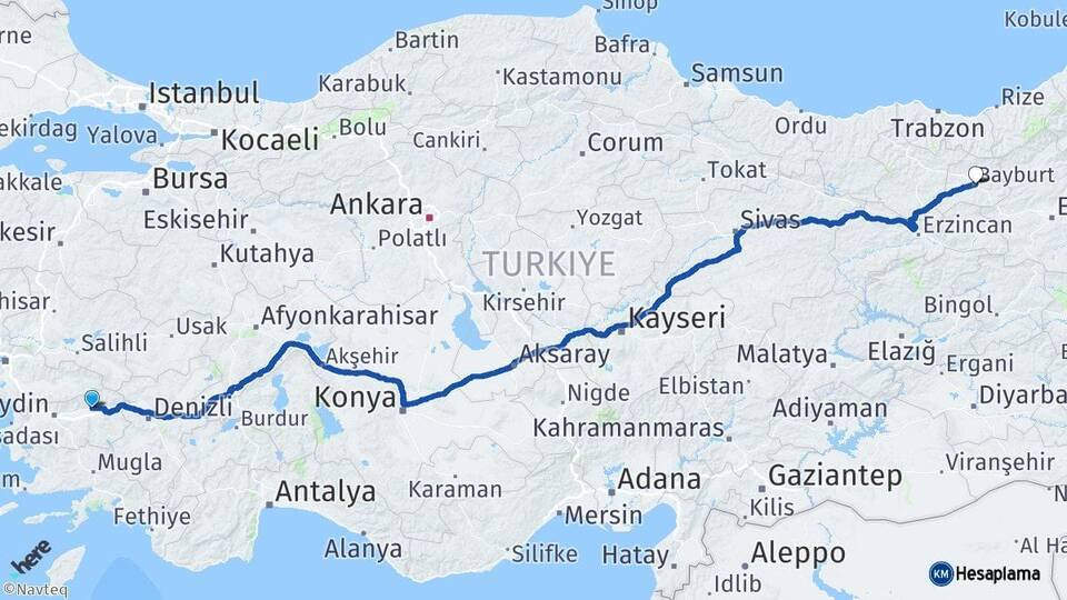 Aydın Nazilli Bayburt Arası Kaç Km - Yol Haritası