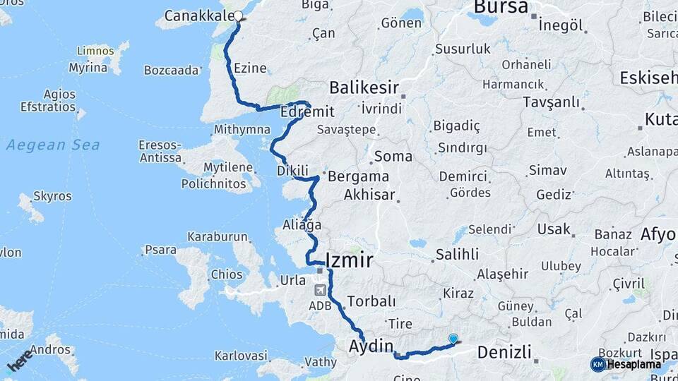 Aydın Nazilli Çanakkale Arası Kaç Km - Yol Haritası