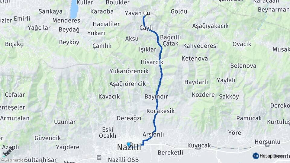 Aydın Nazilli Derebaşı Nazilli Arası Kaç Km - Yol Haritası