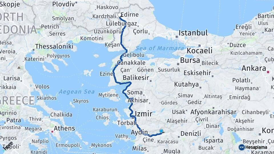 Aydın Nazilli Edirne Arası Kaç Km - Yol Haritası