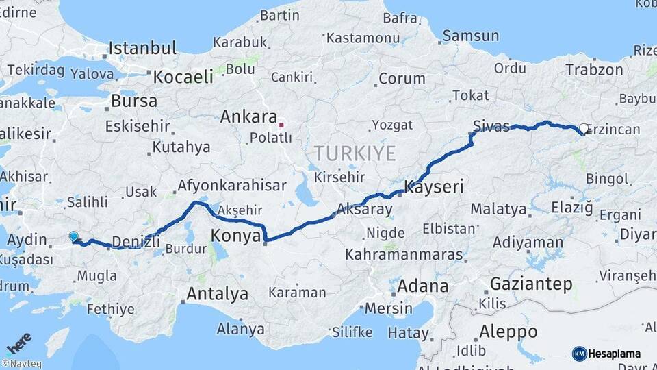 Aydın Nazilli Erzincan Arası Kaç Km - Yol Haritası