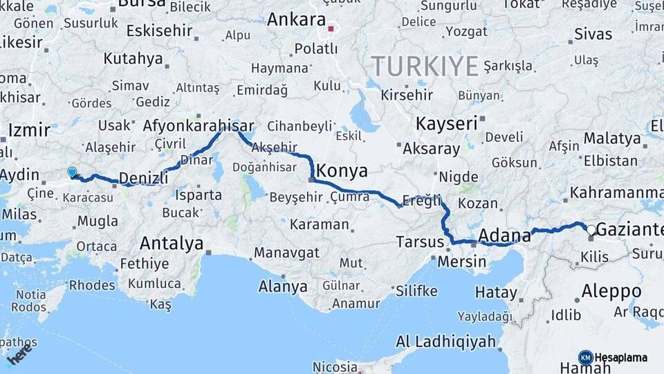 Aydın Nazilli Gaziantep Arası Kaç Km - Yol Haritası