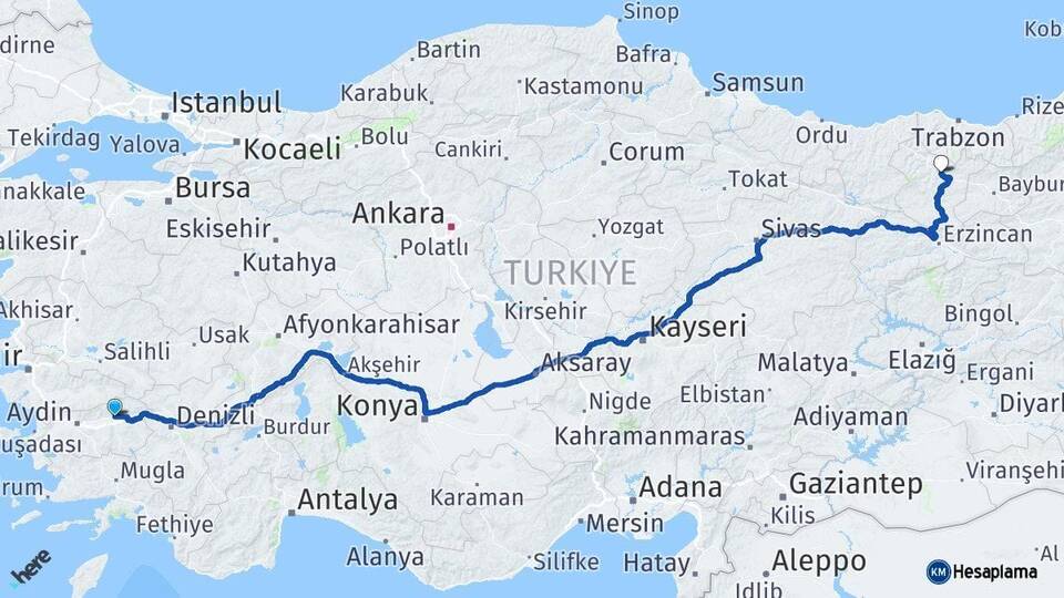 Aydın Nazilli Gümüşhane Arası Kaç Km - Yol Haritası