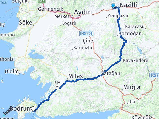 Aydın Nazilli İsabeyli Bodrum Muğla Arası Kaç Km - Yol Haritası