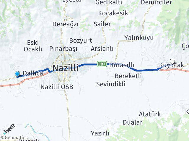 Aydın Nazilli İsabeyli Kuyucak Arası Kaç Km - Yol Haritası