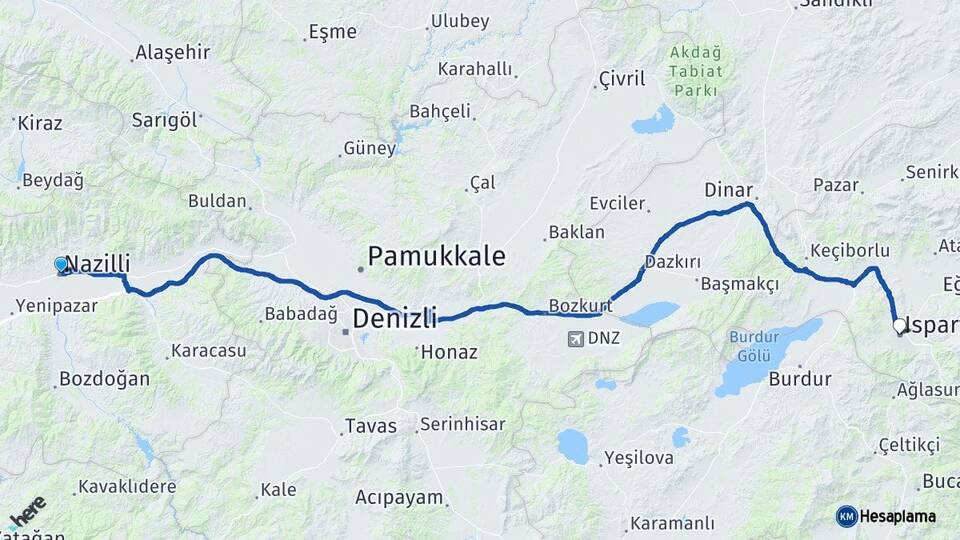 Aydın Nazilli Isparta Arası Kaç Km - Yol Haritası