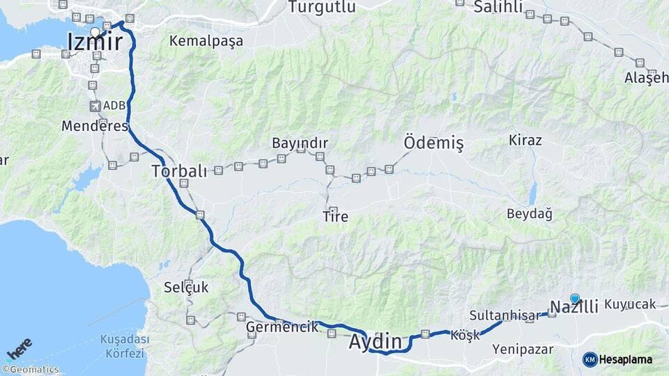 Aydın Nazilli İzmir Arası Kaç Km - Yol Haritası
