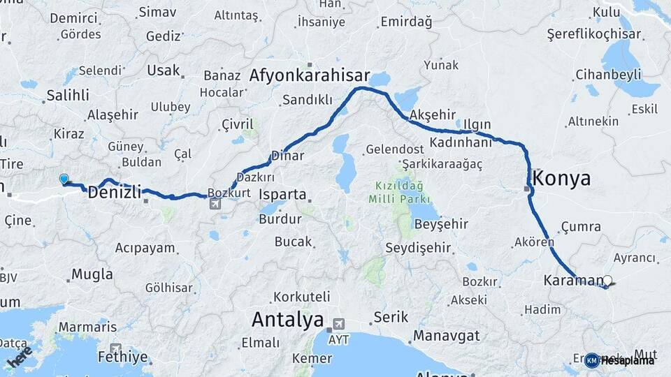 Aydın Nazilli Karaman Arası Kaç Km - Yol Haritası