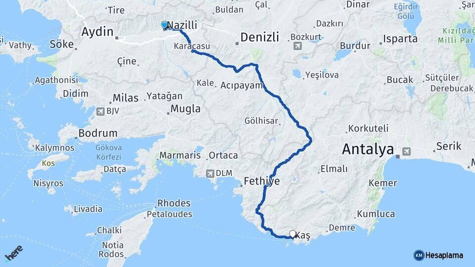 Aydın Nazilli Kaş Antalya Arası Kaç Km - Yol Haritası