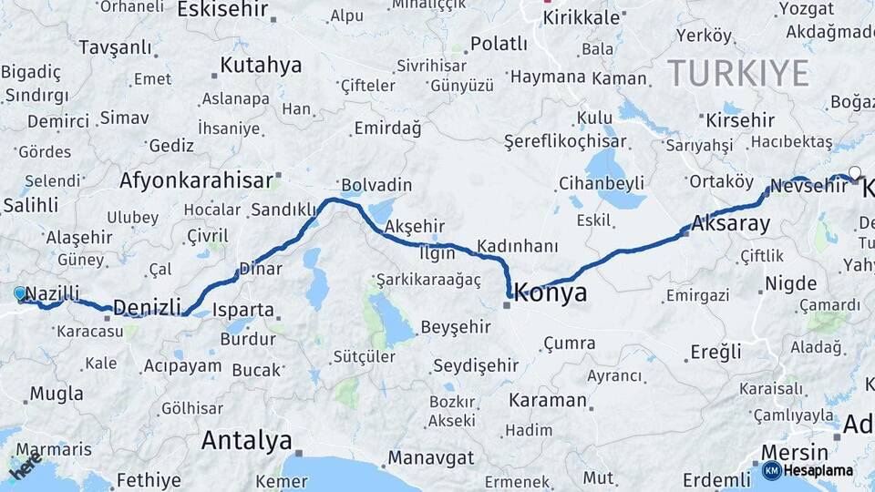 Aydın Nazilli Kayseri Arası Kaç Km - Yol Haritası