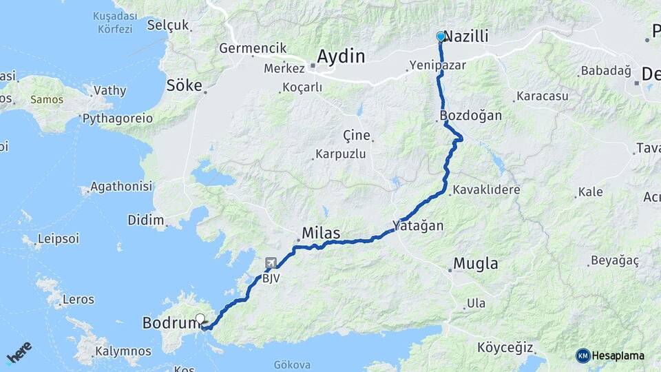 Aydın Nazilli Konacık Bodrum Muğla Arası Kaç Km - Yol Haritası