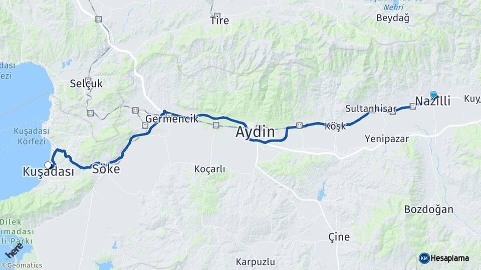 Aydın Nazilli Kuşadası Arası Kaç Km - Yol Haritası