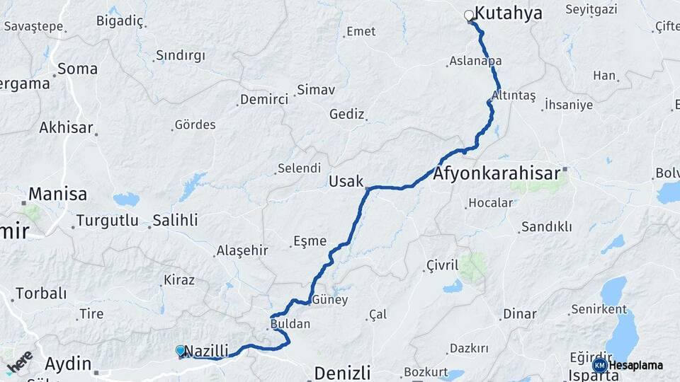 Aydın Nazilli Kütahya Arası Kaç Km - Yol Haritası