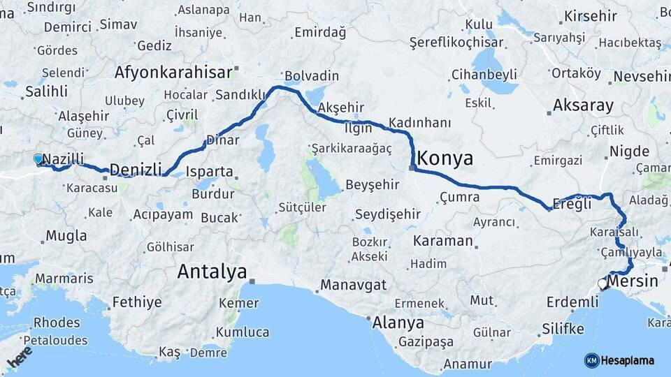 Aydın Nazilli Mersin Arası Kaç Km - Yol Haritası