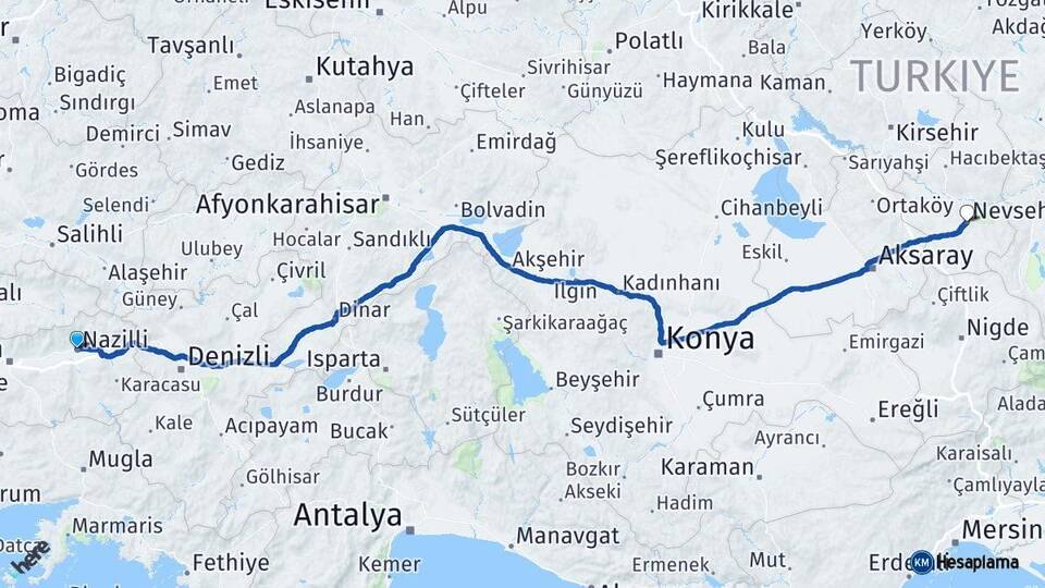 Aydın Nazilli Nevşehir Arası Kaç Km - Yol Haritası