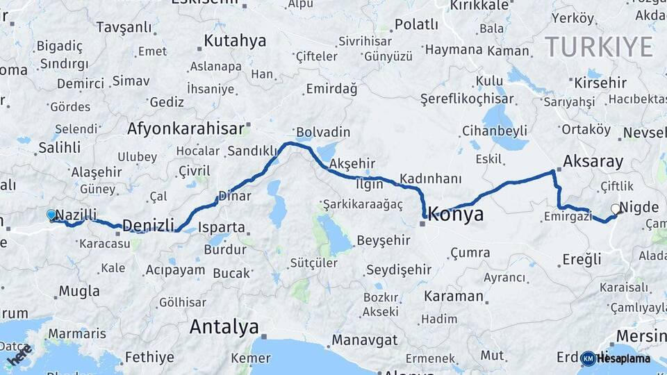 Aydın Nazilli Niğde Arası Kaç Km - Yol Haritası