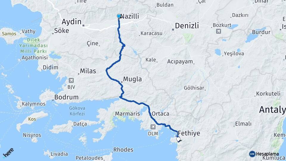 Aydın Nazilli Ölüdeniz Fethiye Muğla Arası Kaç Km - Yol Haritası
