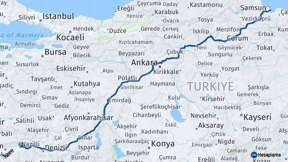 Aydın Nazilli Samsun Arası Kaç Km - Yol Haritası