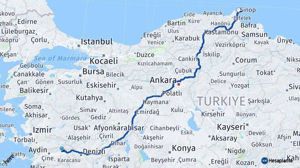 Aydın Nazilli Sinop Arası Kaç Km - Yol Haritası