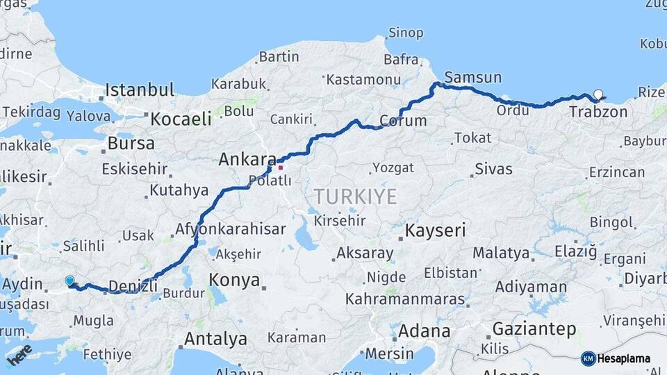 Aydın Nazilli Trabzon Arası Kaç Km - Yol Haritası