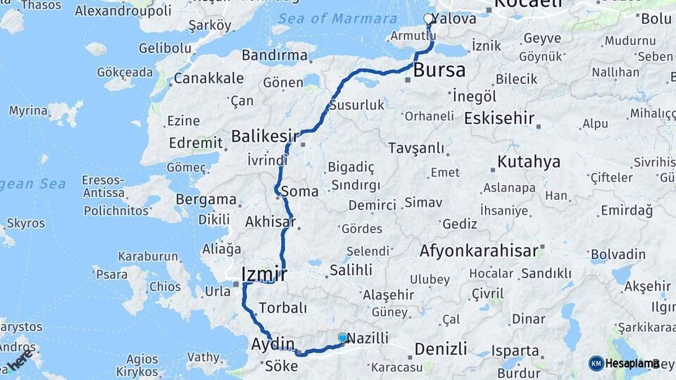 Aydın Nazilli Yalova Arası Kaç Km - Yol Haritası