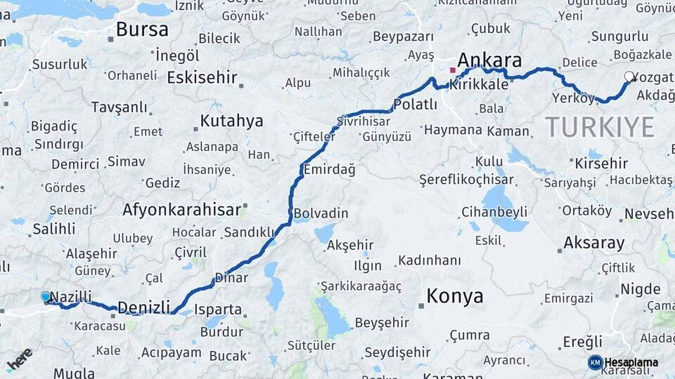 Aydın Nazilli Yozgat Arası Kaç Km - Yol Haritası