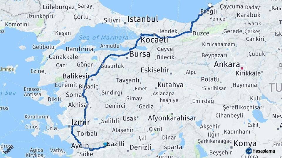 Aydın Nazilli Zonguldak Arası Kaç Km - Yol Haritası