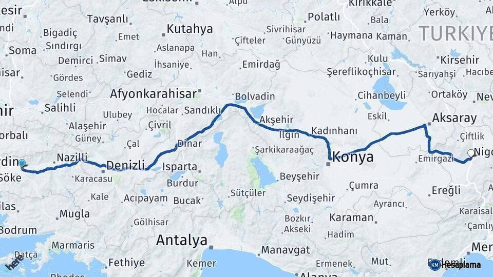 Aydın Niğde Arası Kaç Km - Yol Haritası