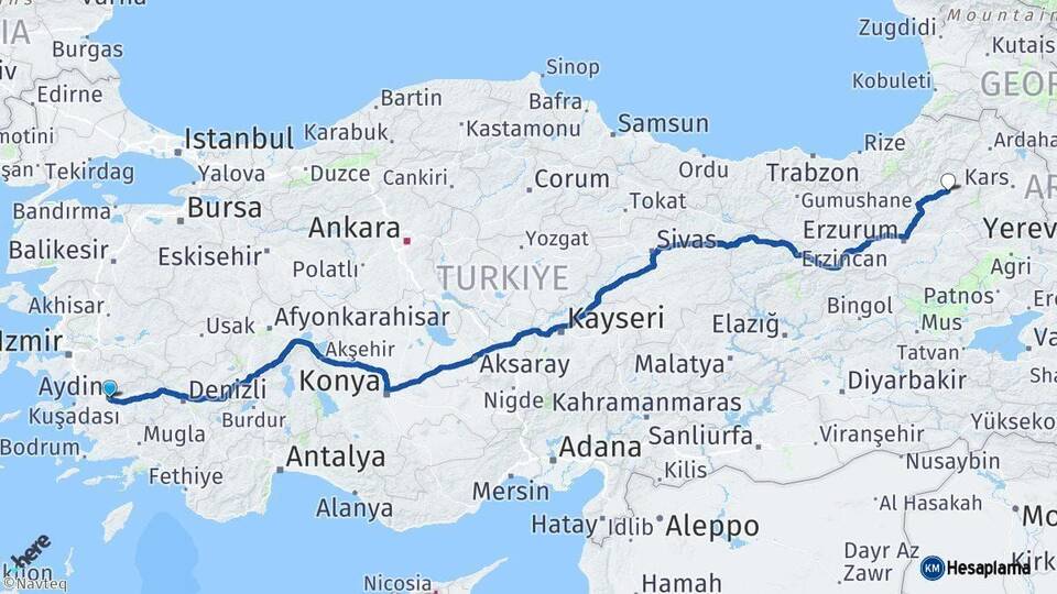 Aydın Oltu Erzurum Arası Kaç Km - Yol Haritası