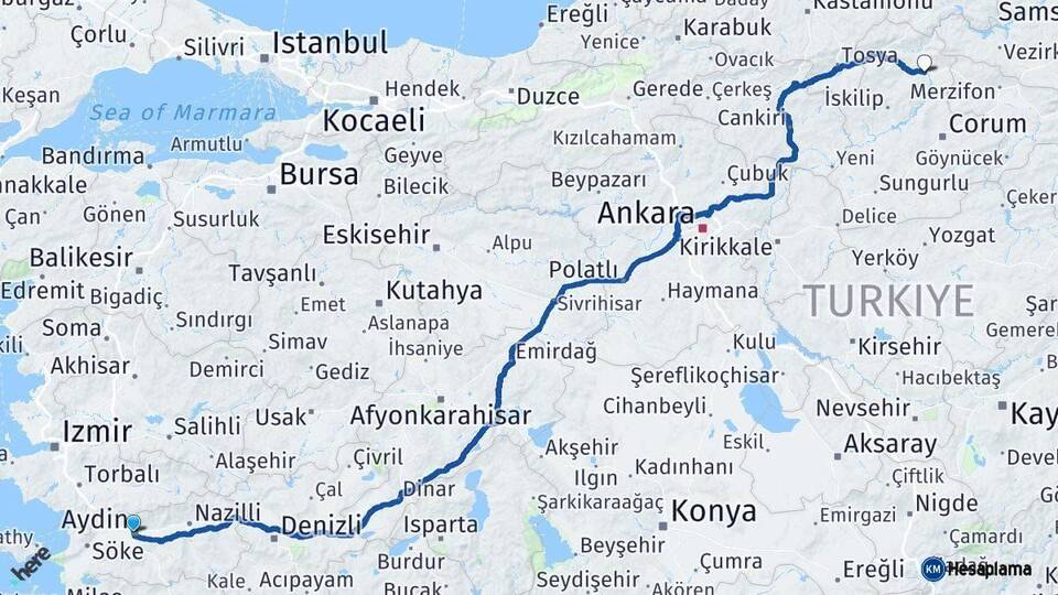Aydın Osmancık Çorum Arası Kaç Km - Yol Haritası
