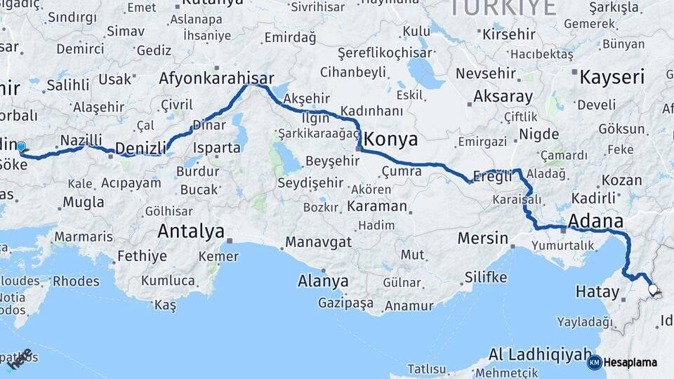 Aydın Reyhanlı Hatay Arası Kaç Km - Yol Haritası