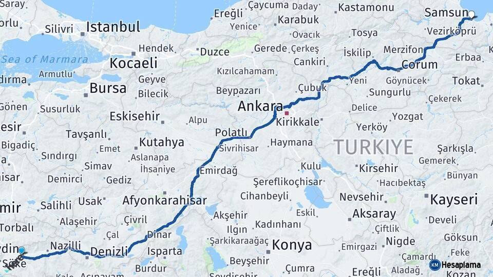 Aydın Samsun Arası Kaç Km - Yol Haritası