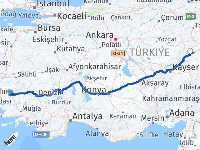 Aydın Şarkışla Sivas Arası Kaç Km - Yol Haritası