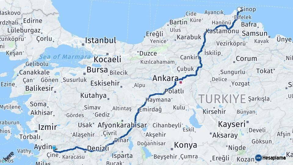 Aydın Sinop Arası Kaç Km - Yol Haritası