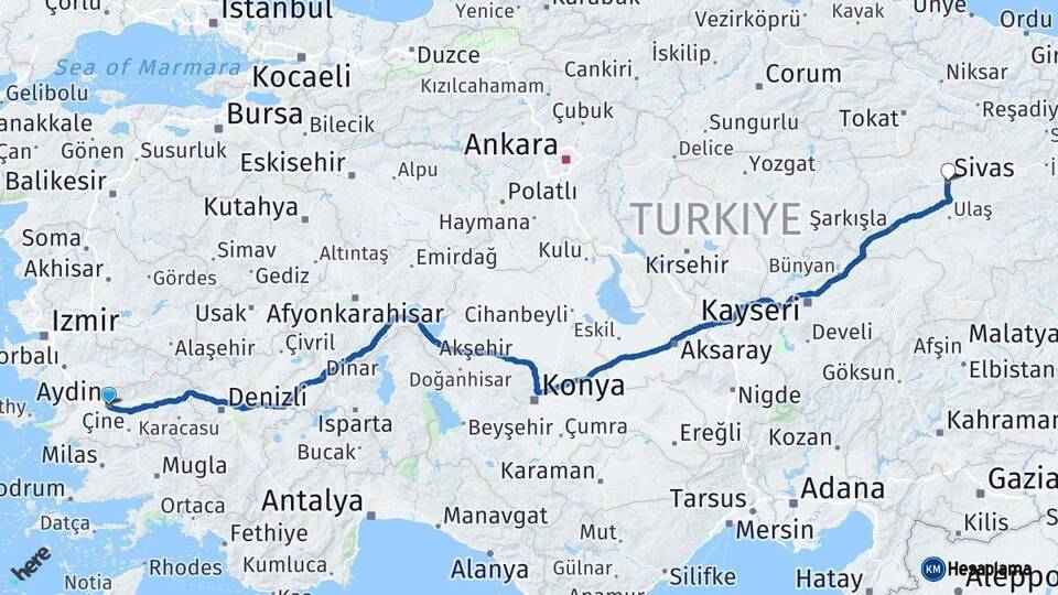 Aydın Sivas Arası Kaç Km - Yol Haritası