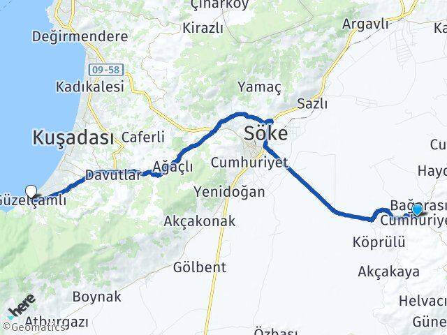 Aydın Söke Bağarası Güzelçamlı Kuşadası Arası Kaç Km - Yol Haritası