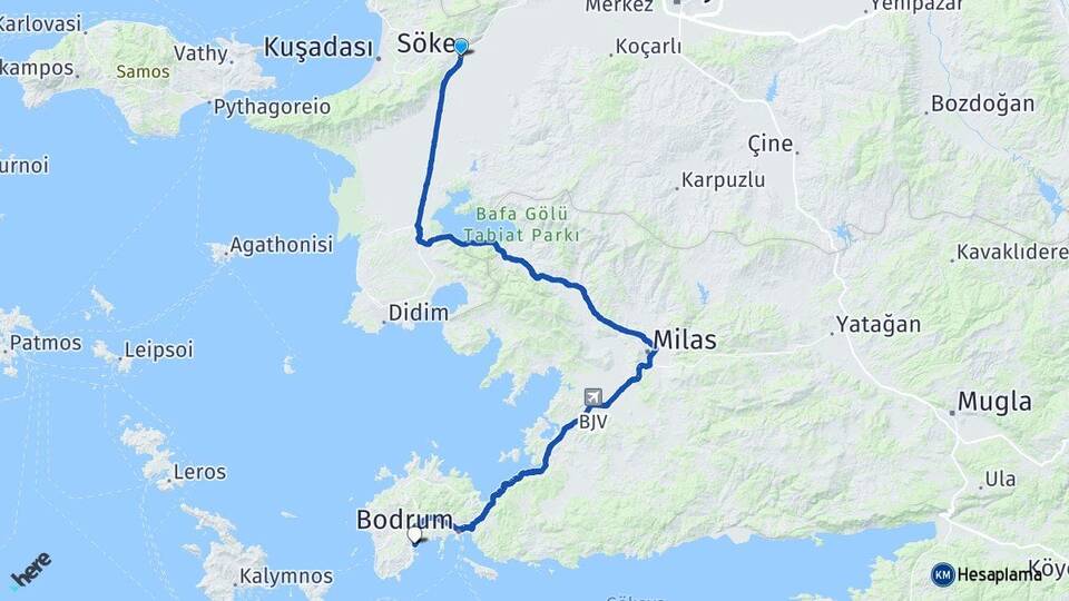 Aydın Söke Bitez Bodrum Muğla Arası Kaç Km - Yol Haritası