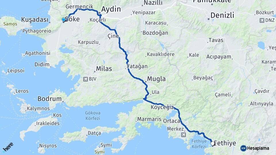Aydın Söke Fethiye Muğla Arası Kaç Km - Yol Haritası