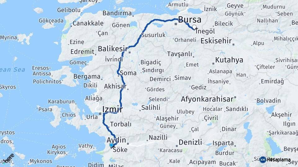 Aydın Söke İnegöl Bursa Arası Kaç Km - Yol Haritası