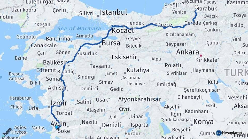 Aydın Söke Safranbolu Karabük Arası Kaç Km - Yol Haritası